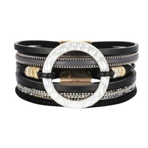 NWT Black & Silver Leather Bracelet with Statement Ring